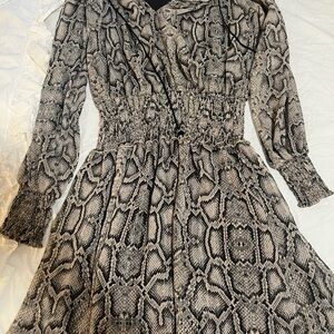 Chic Snake Print Long Sleeve Dress with Smocked Waist – Size S